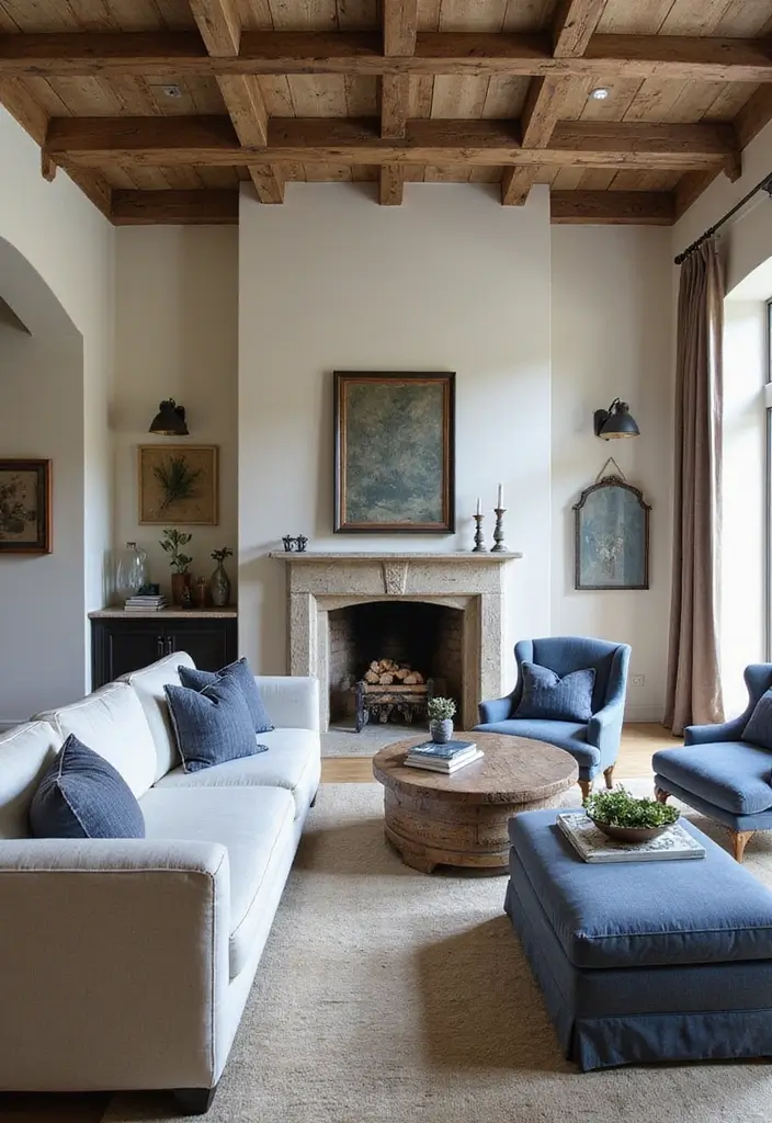 28 Blue and Beige Living Room Ideas That Feel Calm and Balanced - 21. Refined Rustic