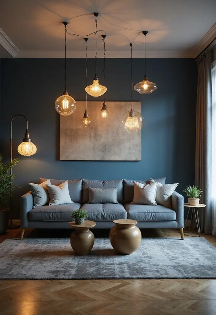 28 Blue and Beige Living Room Ideas That Feel Calm and Balanced - 23. Statement Lighting