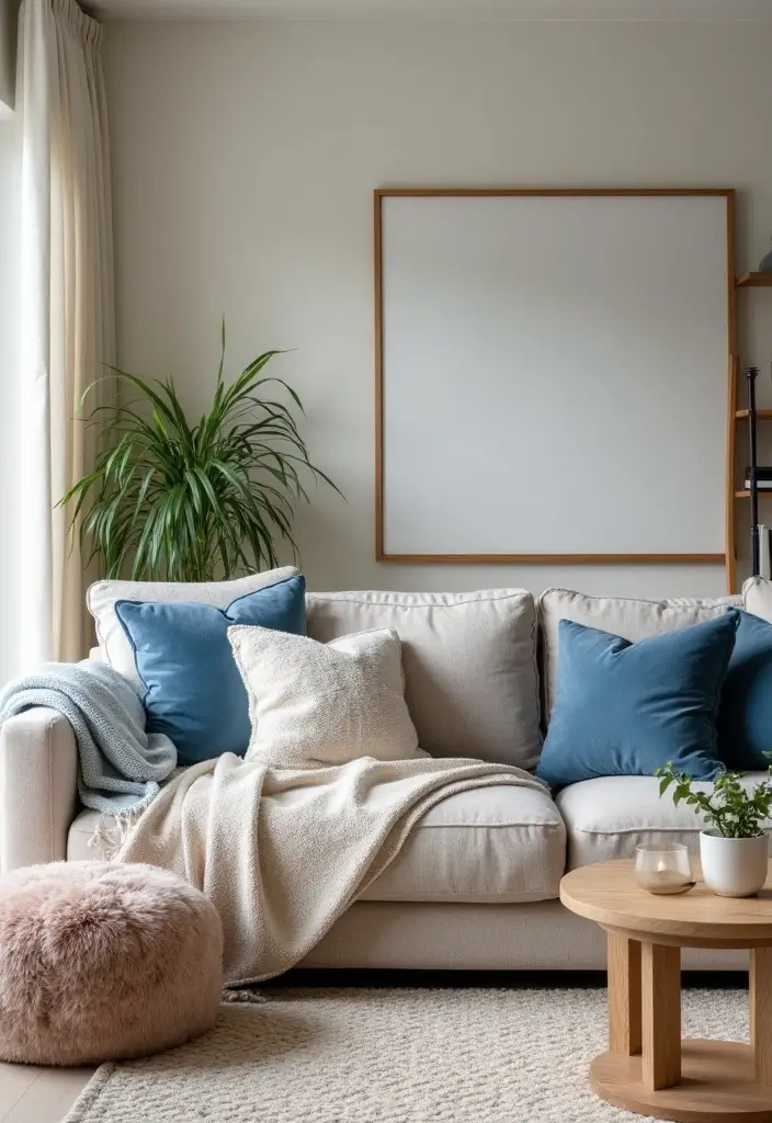 28 Blue and Beige Living Room Ideas That Feel Calm and Balanced - 26. Soft Accents