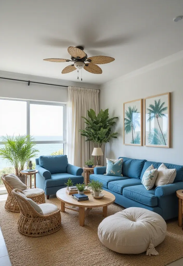 28 Blue and Beige Living Room Ideas That Feel Calm and Balanced - 5. Tropical Retreat