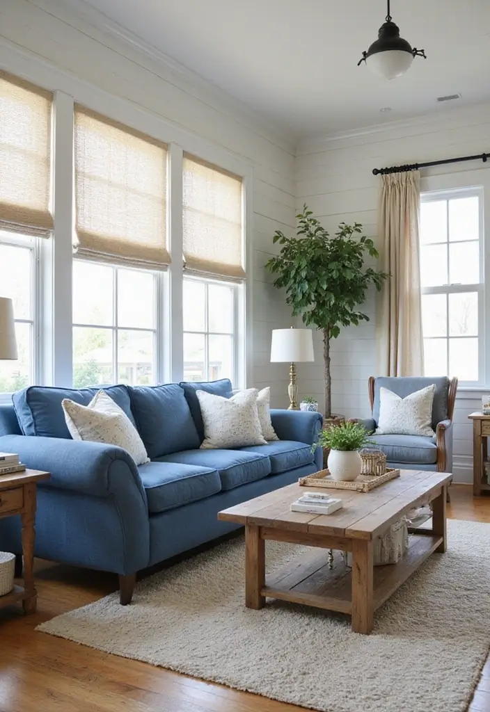 28 Blue and Beige Living Room Ideas That Feel Calm and Balanced - 8. Modern Farmhouse
