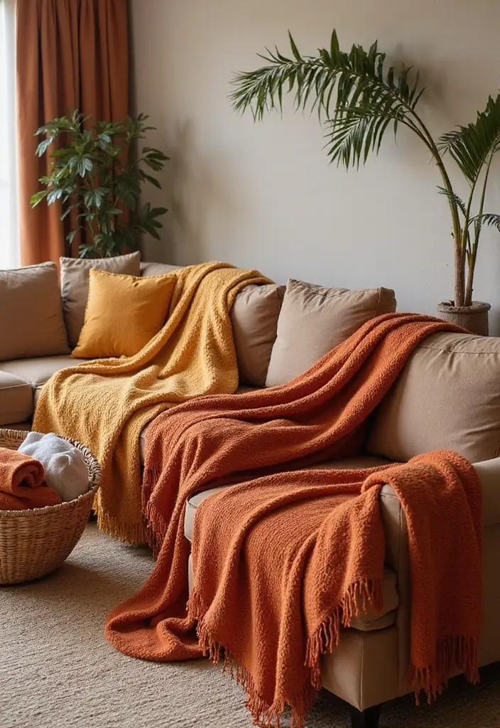 28 Brown and Orange Living Room Ideas That Feel Warm and Inviting - 10. Unique Throw Blankets