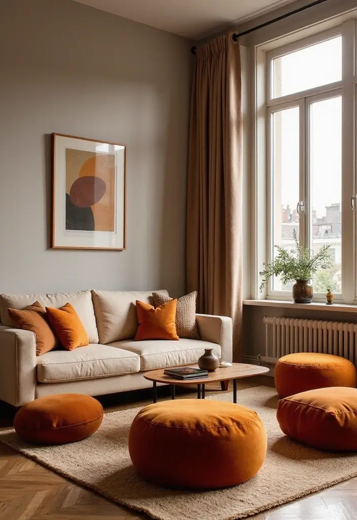 28 Brown and Orange Living Room Ideas That Feel Warm and Inviting - 13. Stylish Poufs
