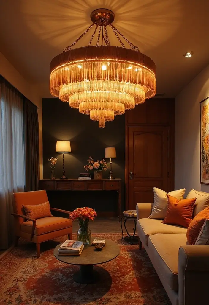 28 Brown and Orange Living Room Ideas That Feel Warm and Inviting - 16. Statement Lighting Fixtures