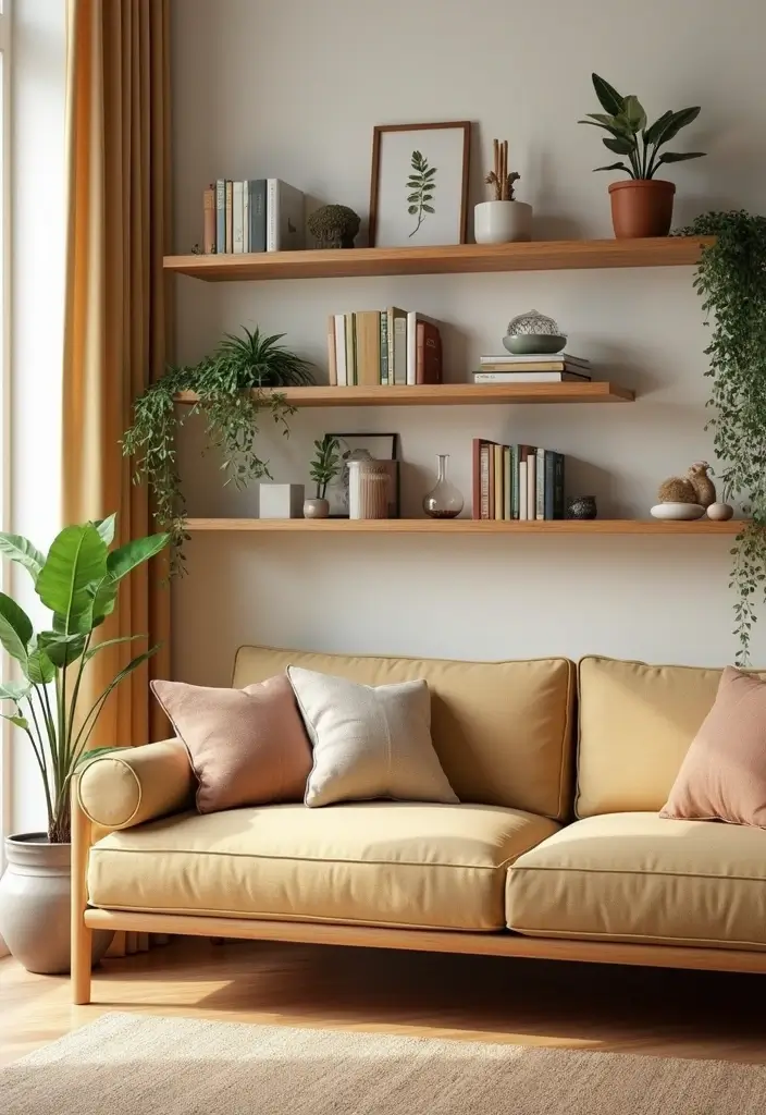 28 Brown and Orange Living Room Ideas That Feel Warm and Inviting - 17. Creative Wall Shelving