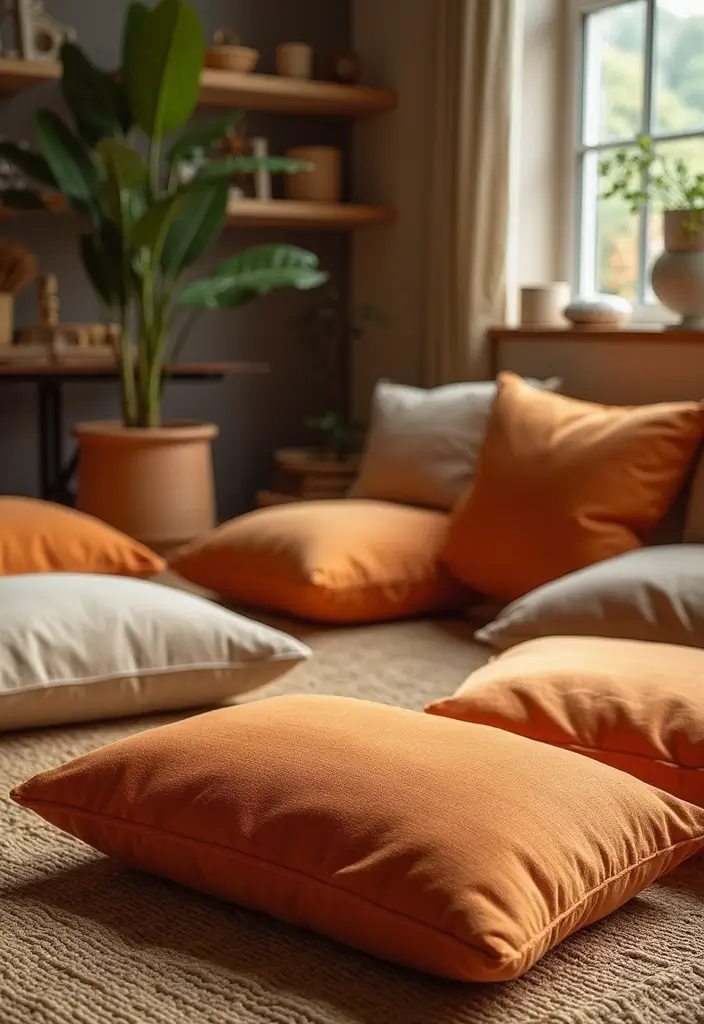28 Brown and Orange Living Room Ideas That Feel Warm and Inviting - 18. Cozy Floor Cushions