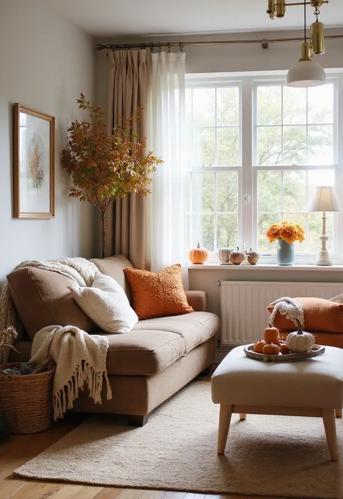 28 Brown and Orange Living Room Ideas That Feel Warm and Inviting - 19. Seasonal Decor Updates