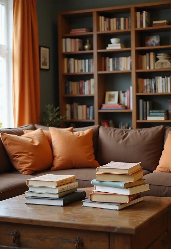 28 Brown and Orange Living Room Ideas That Feel Warm and Inviting - 21. Creative Use of Books