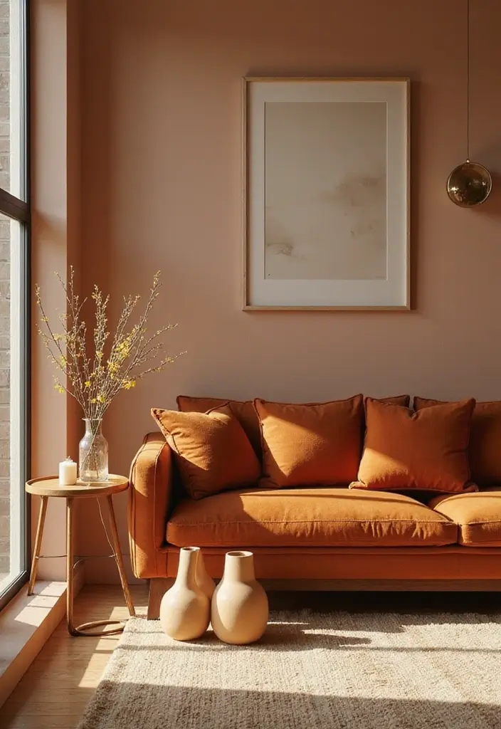 28 Brown and Orange Living Room Ideas That Feel Warm and Inviting - 24. Warm Color Accents