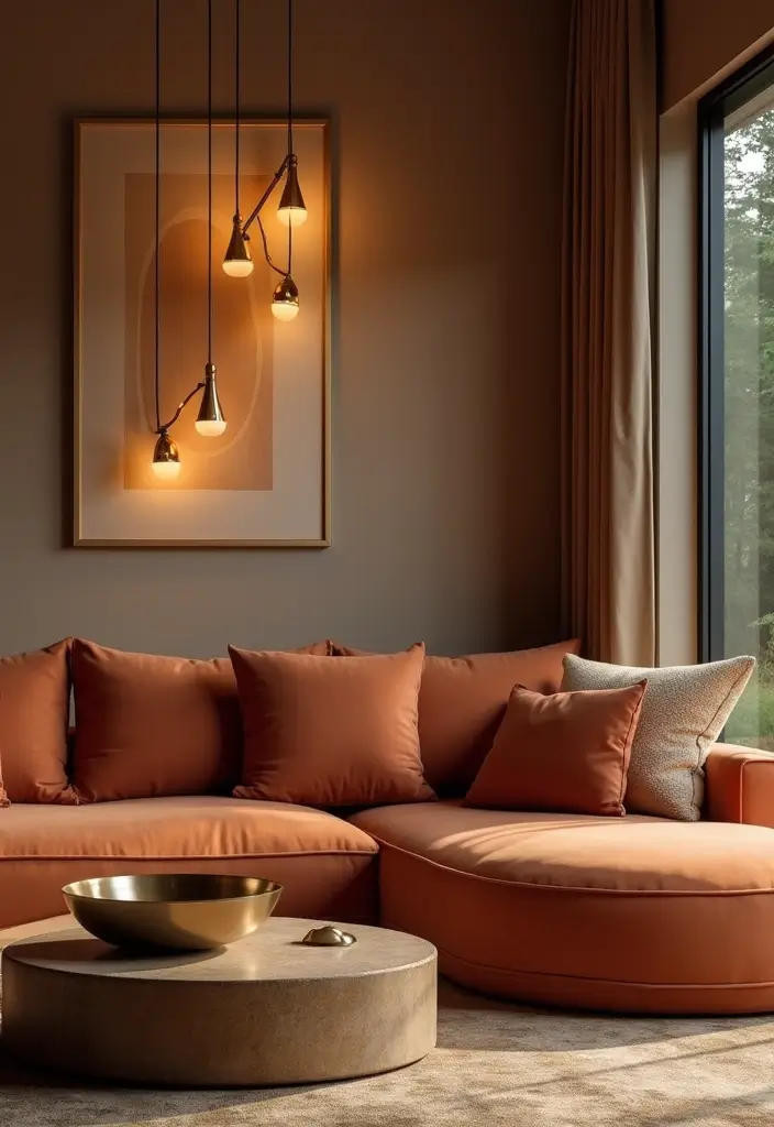 28 Brown and Orange Living Room Ideas That Feel Warm and Inviting - 25. Warm Metallics