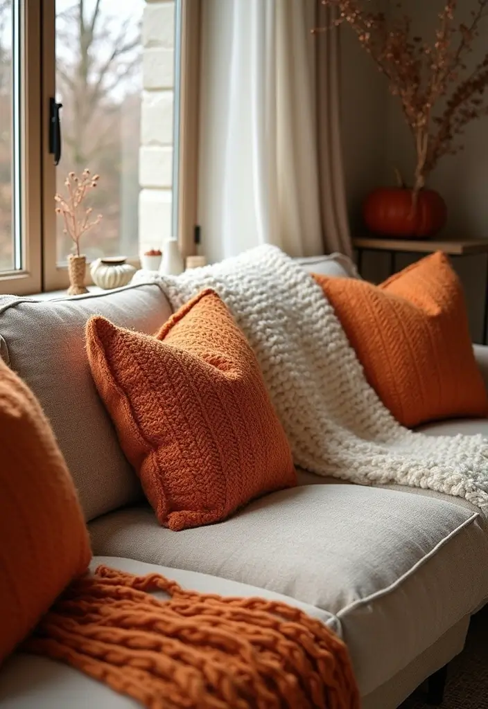 28 Brown and Orange Living Room Ideas That Feel Warm and Inviting - 28. Seasonal Textures