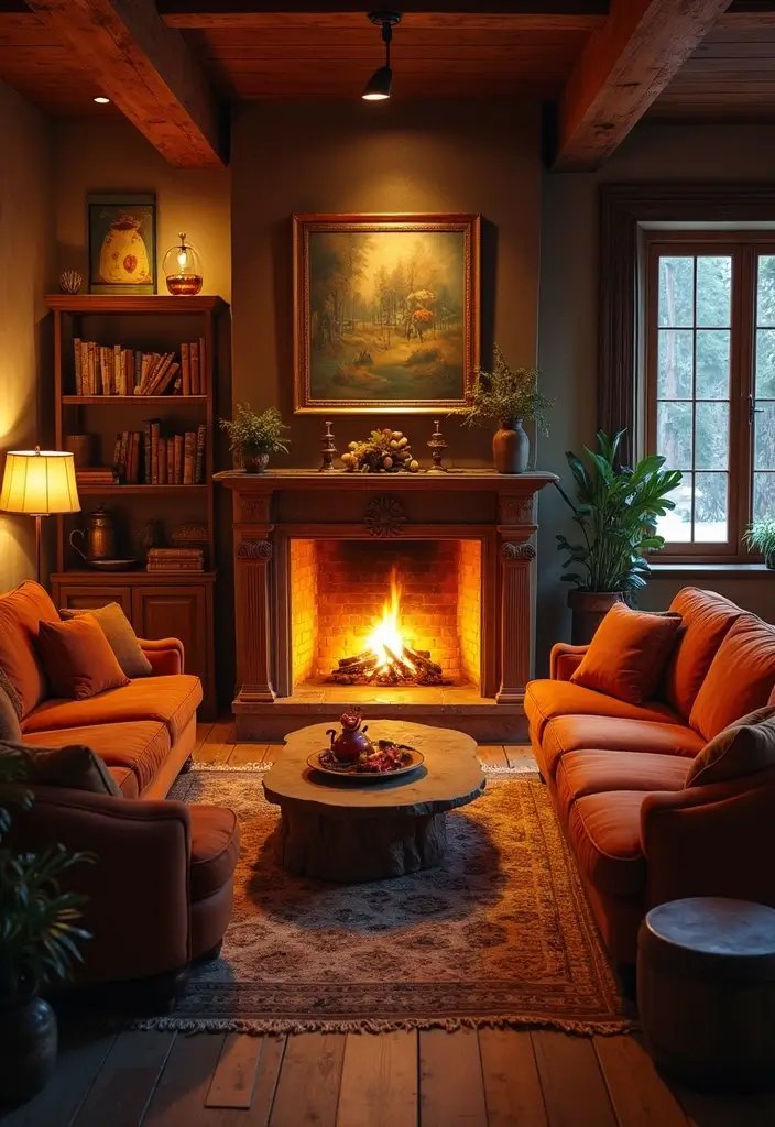 28 Brown and Orange Living Room Ideas That Feel Warm and Inviting - 3. Cozy Fireplaces as Focal Points