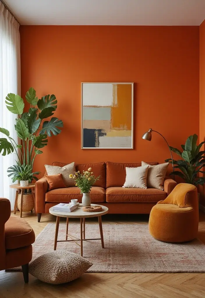 28 Brown and Orange Living Room Ideas That Feel Warm and Inviting - 4. Warm Color Pop Walls