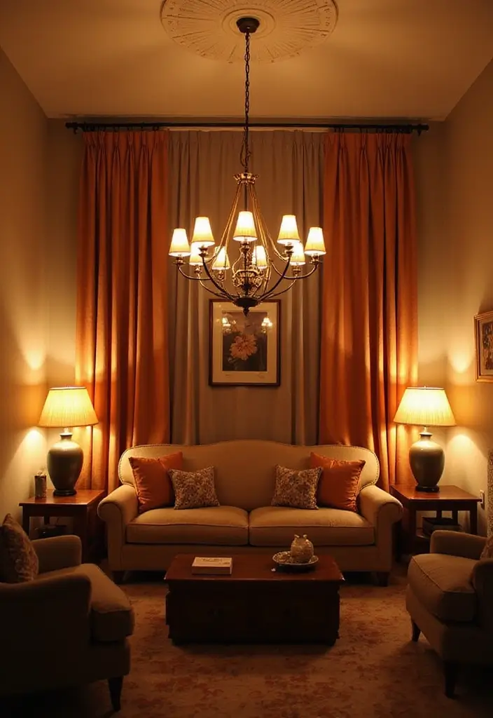 28 Brown and Orange Living Room Ideas That Feel Warm and Inviting - 5. Layered Lighting for Warmth