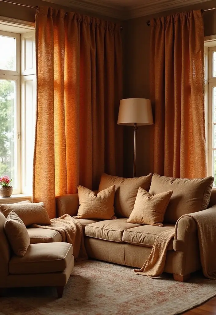 28 Brown and Orange Living Room Ideas That Feel Warm and Inviting - 6. Textured Curtains and Drapes