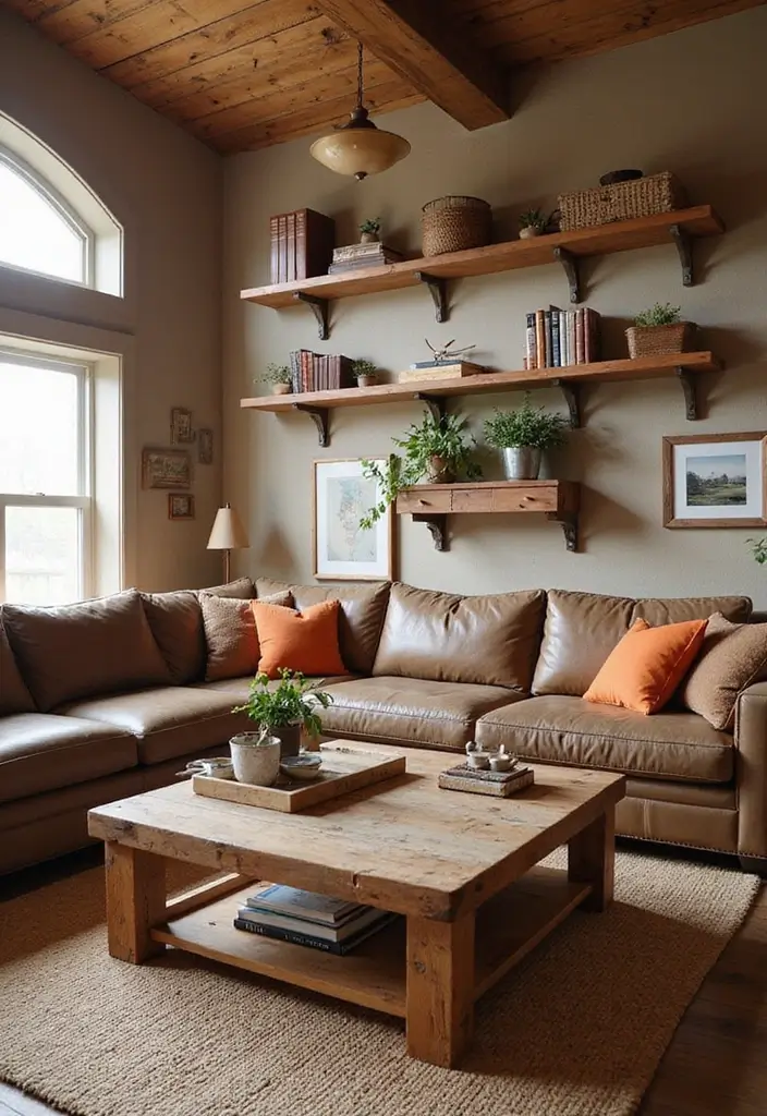 28 Brown and Orange Living Room Ideas That Feel Warm and Inviting - 7. Rustic Wood Elements