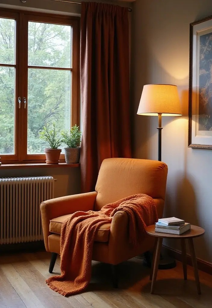28 Brown and Orange Living Room Ideas That Feel Warm and Inviting - 9. Cozy Reading Nooks