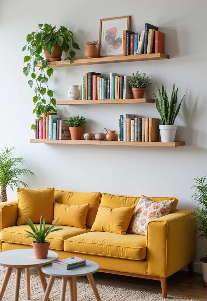 28 Colourful Living Room Ideas That Add Life and Personality - 28. Colorful Wall Shelves