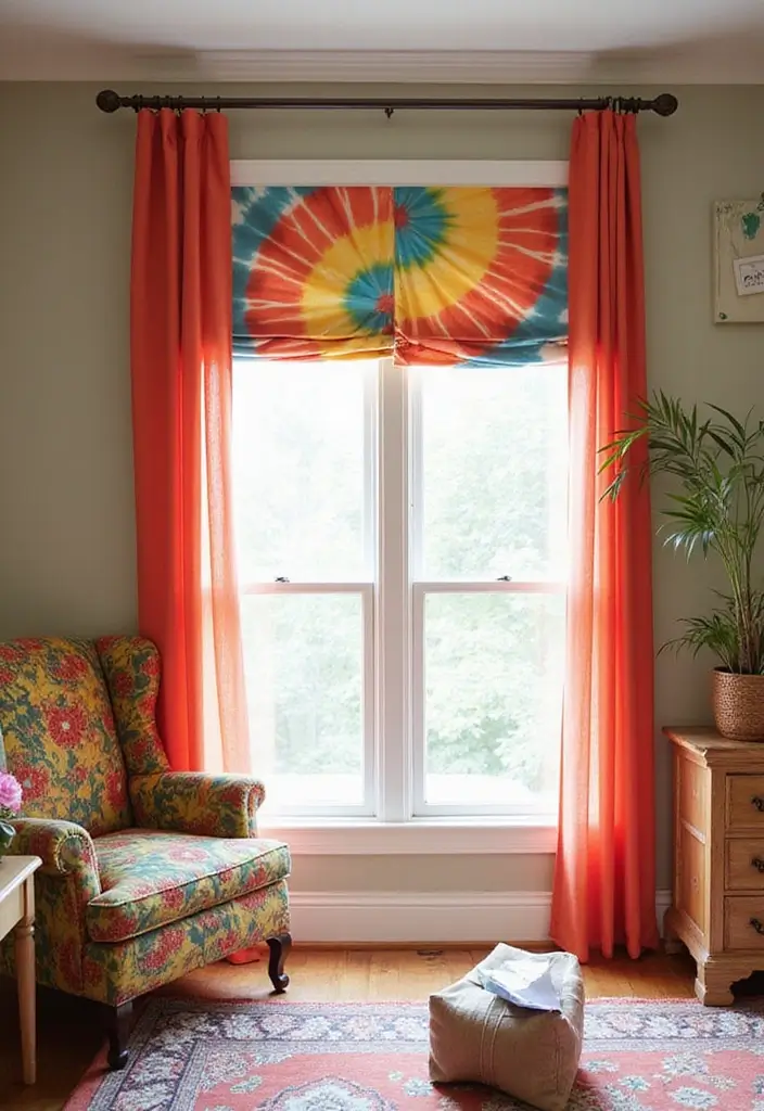 28 Living Room Valance Ideas That Frame Windows Perfectly - 15. Funky Tie-Dye Valance