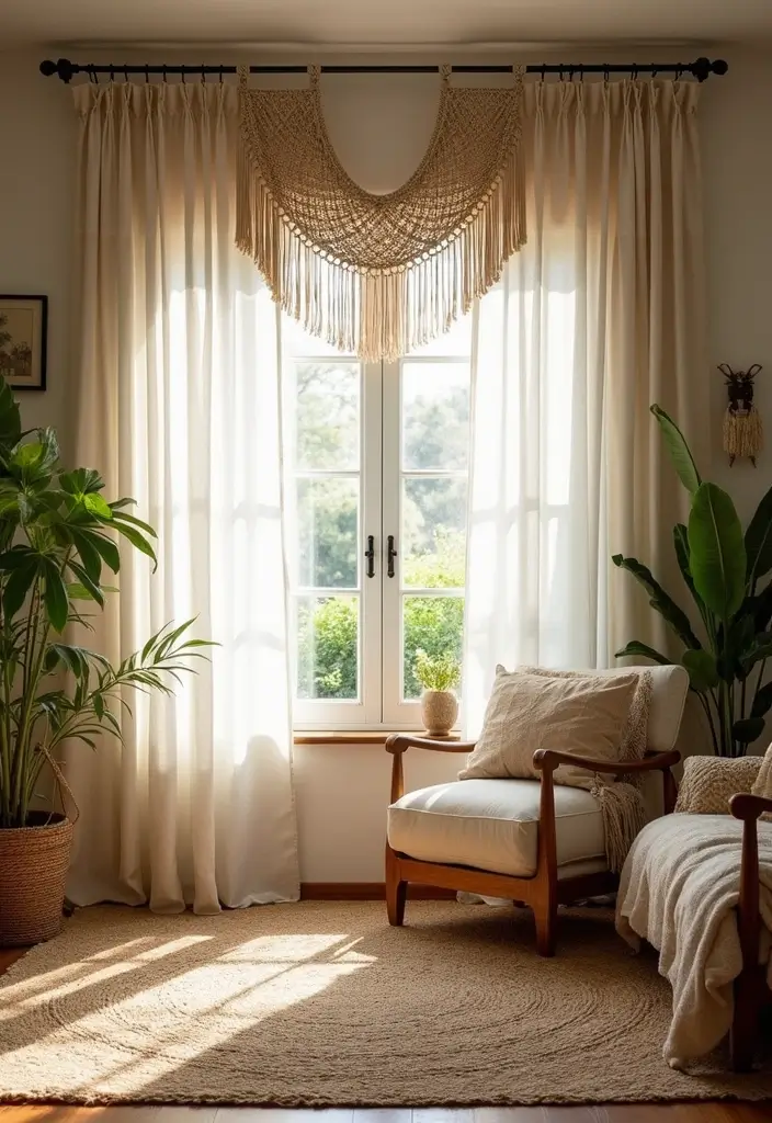 28 Living Room Valance Ideas That Frame Windows Perfectly - 2. Boho Macrame Valance