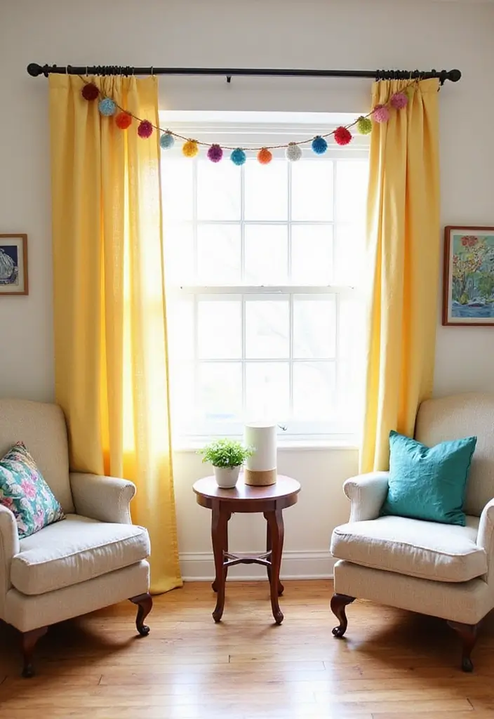 28 Living Room Valance Ideas That Frame Windows Perfectly - 24. Fun Pom-Pom Valance
