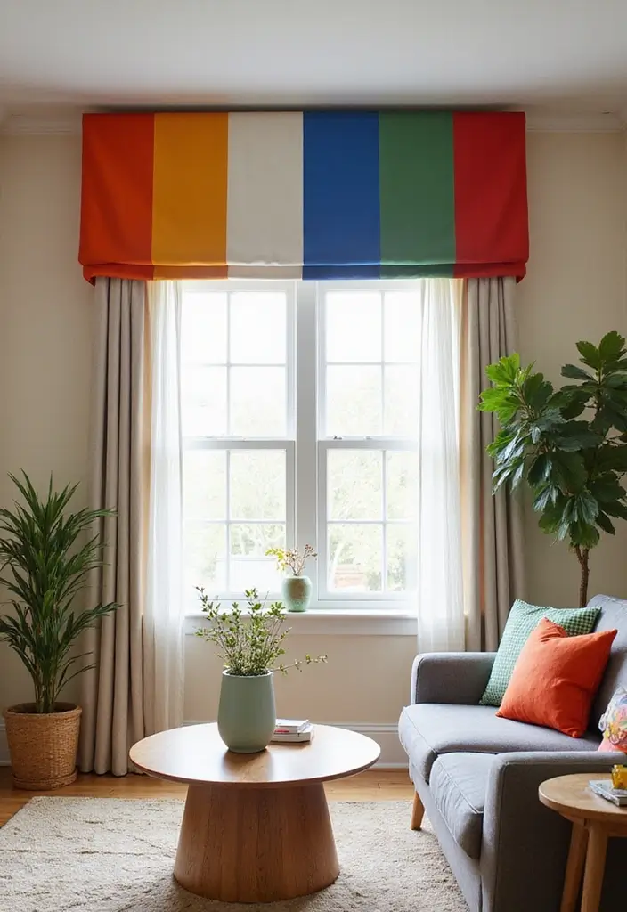 28 Living Room Valance Ideas That Frame Windows Perfectly - 27. Bold Color Block Valance