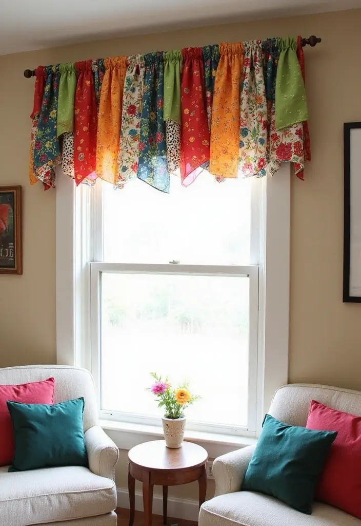 28 Living Room Valance Ideas That Frame Windows Perfectly - 8. DIY Fabric Scraps Valance
