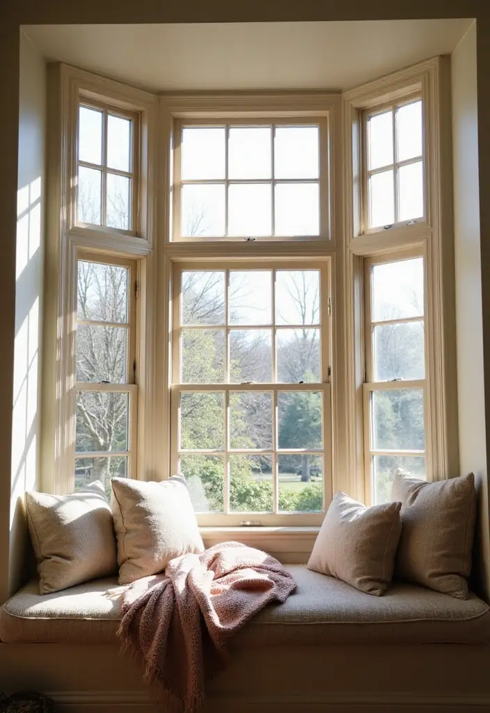 28 Living Room With Bay Window Ideas That Add Light and Comfort - 1. Inviting Window Seat Nook