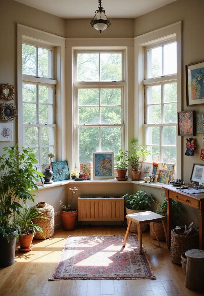 28 Living Room With Bay Window Ideas That Add Light and Comfort - 14. Art Gallery Vibe