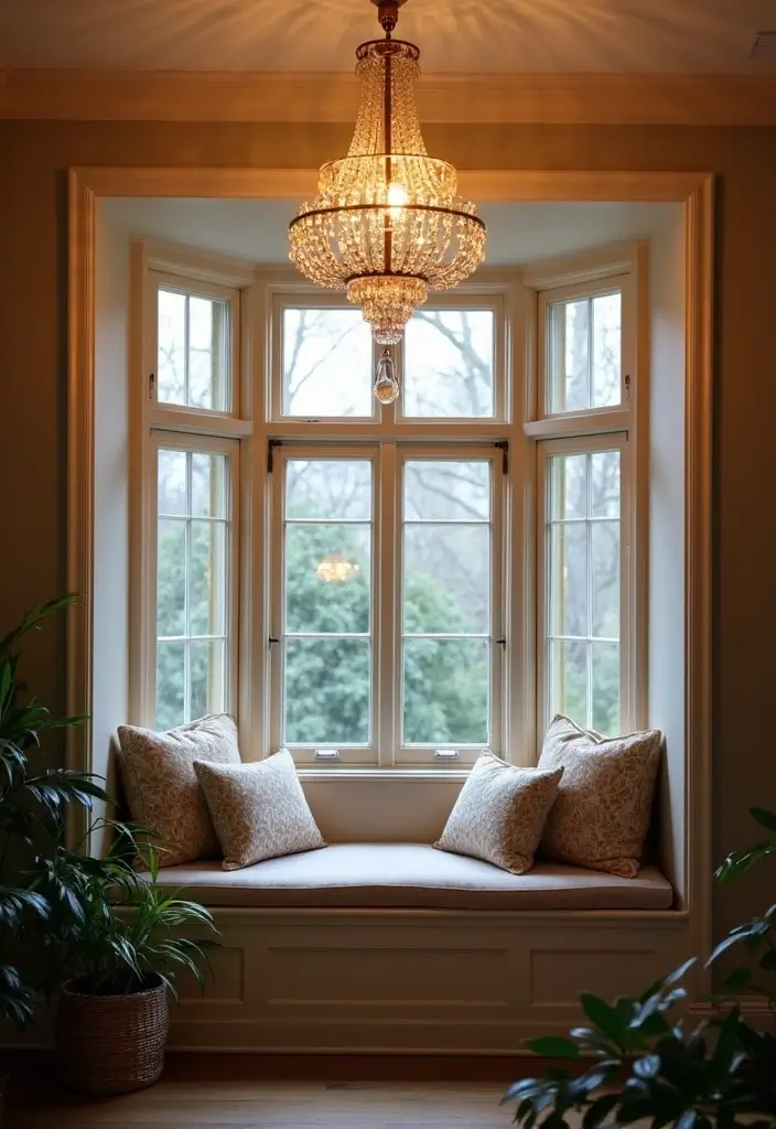 28 Living Room With Bay Window Ideas That Add Light and Comfort - 16. Statement Lighting Fixtures