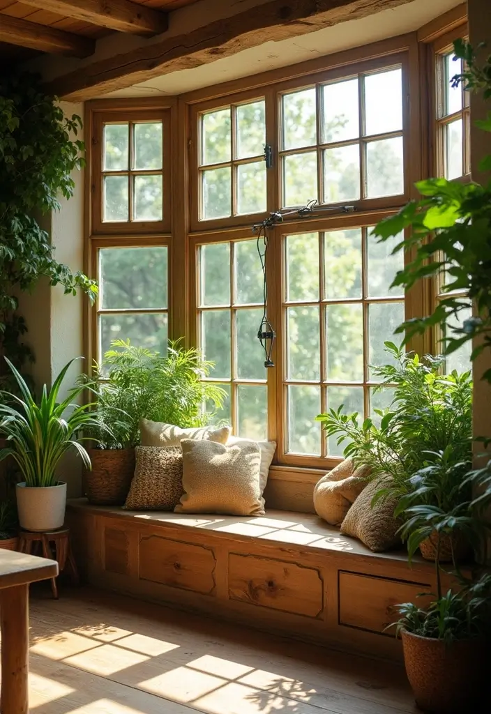 28 Living Room With Bay Window Ideas That Add Light and Comfort - 18. Nature-Inspired Decor