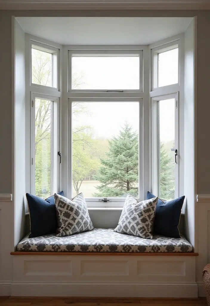 28 Living Room With Bay Window Ideas That Add Light and Comfort - 22. Geometric Patterns and Shapes