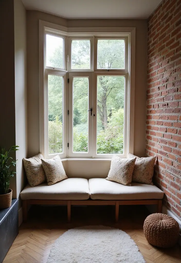 28 Living Room With Bay Window Ideas That Add Light and Comfort - 24. Textured Backdrop Features