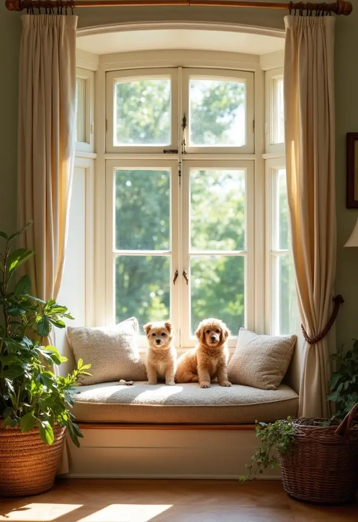 28 Living Room With Bay Window Ideas That Add Light and Comfort - 25. Cozy Pet Corner