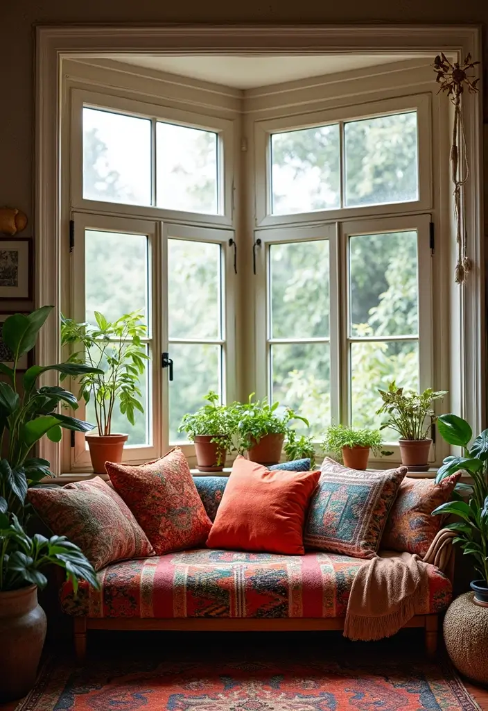 28 Living Room With Bay Window Ideas That Add Light and Comfort - 3. Eclectic Boho Vibes