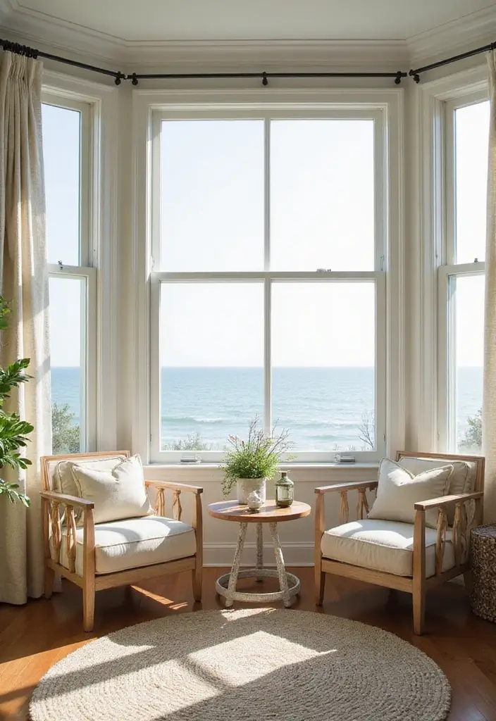 28 Living Room With Bay Window Ideas That Add Light and Comfort - 6. Coastal Calm Retreat