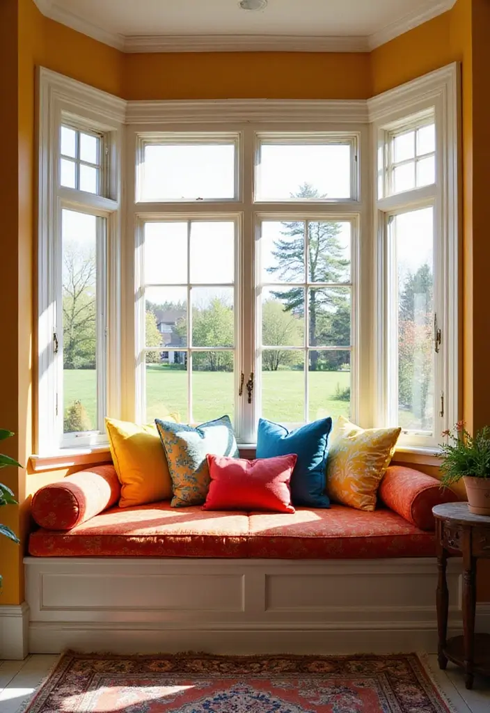 28 Living Room With Bay Window Ideas That Add Light and Comfort - 7. Bold Color Splash