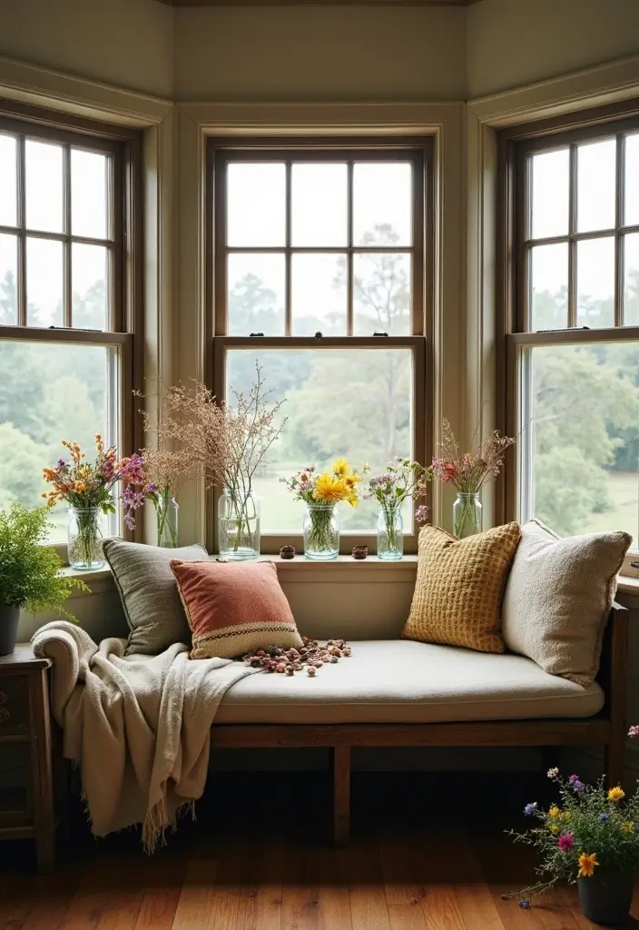 28 Living Room With Bay Window Ideas That Add Light and Comfort - 8. Rustic Farmhouse Appeal