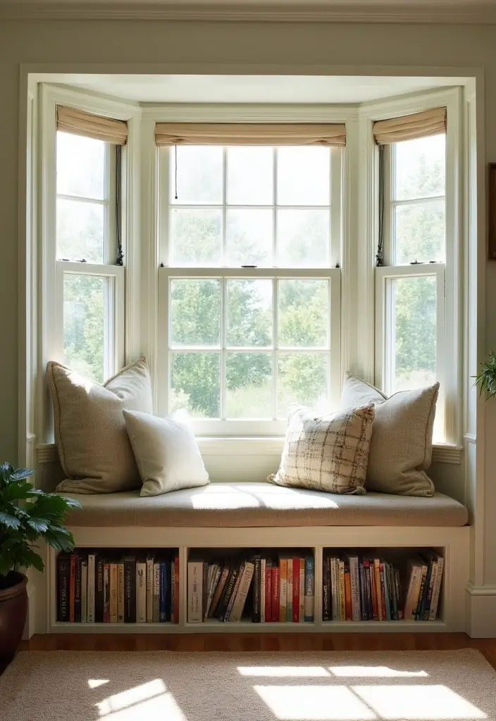 28 Living Room With Bay Window Ideas That Add Light and Comfort - 9. Stylish Storage Solutions