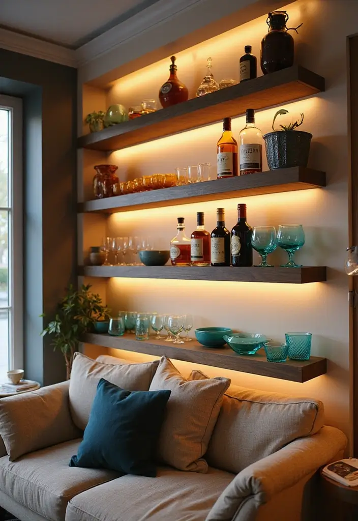 28 Mini Bar Ideas for Small Space Living Rooms That Feel Functional and Fun - 1. Sleek Floating Shelves