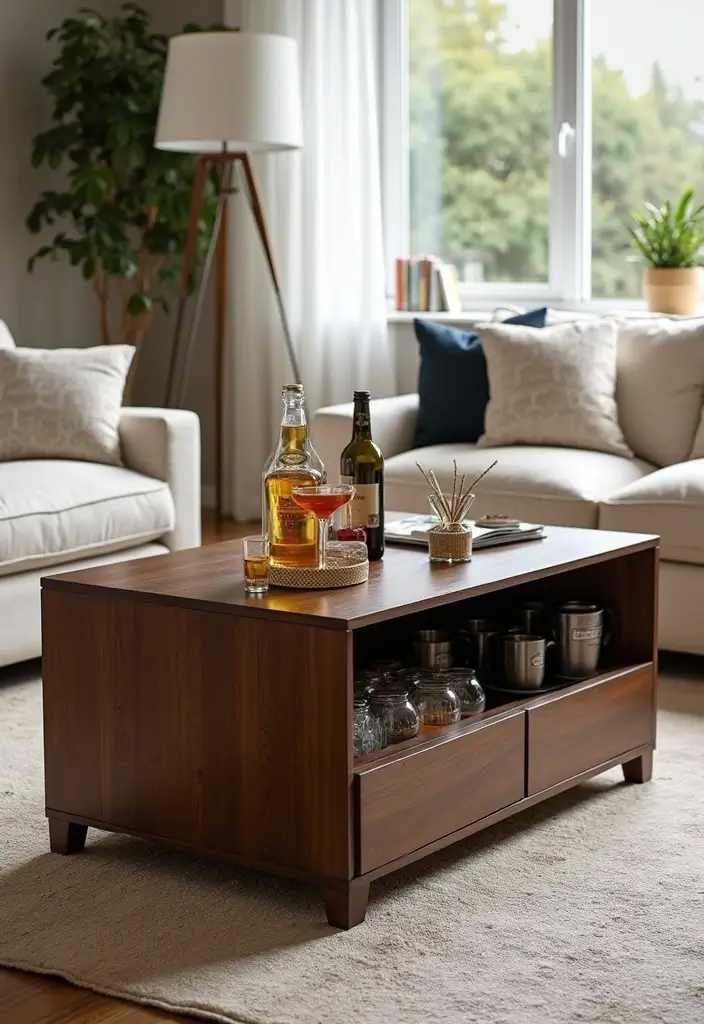 28 Mini Bar Ideas for Small Space Living Rooms That Feel Functional and Fun - 10. Multi-Functional Furniture