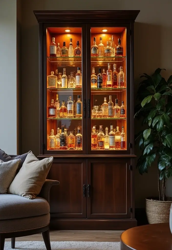28 Mini Bar Ideas for Small Space Living Rooms That Feel Functional and Fun - 13. Glass Front Bar Cabinet