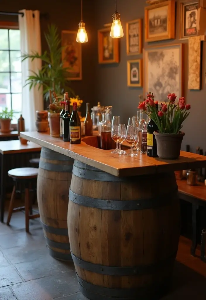 28 Mini Bar Ideas for Small Space Living Rooms That Feel Functional and Fun - 16. DIY Barrel Bar