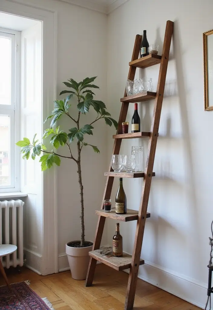 28 Mini Bar Ideas for Small Space Living Rooms That Feel Functional and Fun - 19. Decorative Ladder Bar