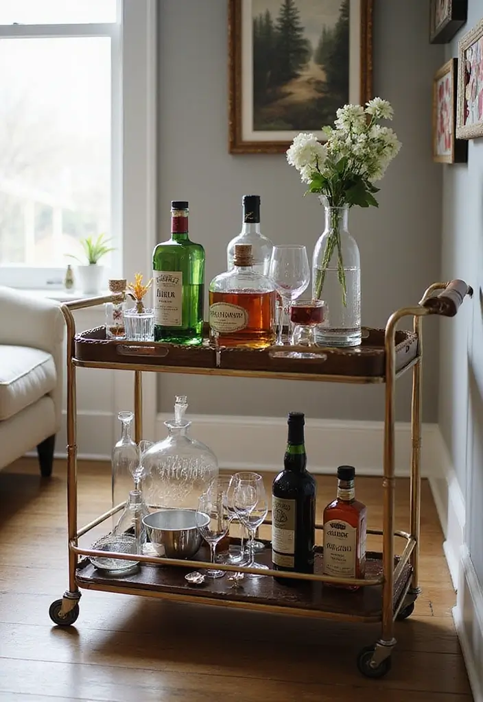 28 Mini Bar Ideas for Small Space Living Rooms That Feel Functional and Fun - 2. Compact Bar Cart