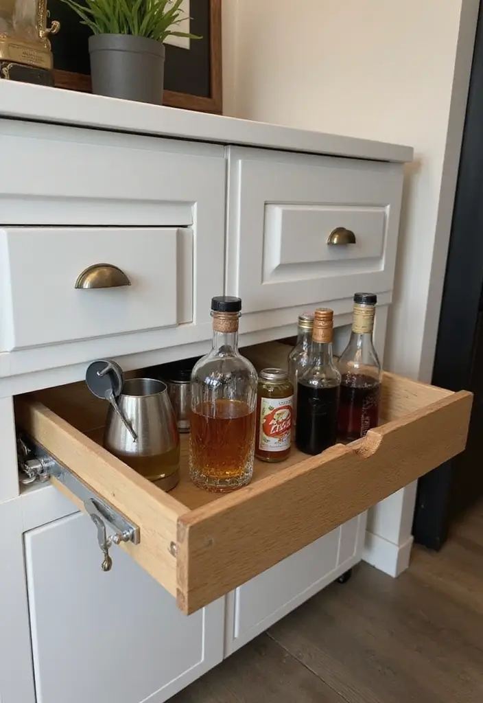 28 Mini Bar Ideas for Small Space Living Rooms That Feel Functional and Fun - 21. Bar in a Drawer