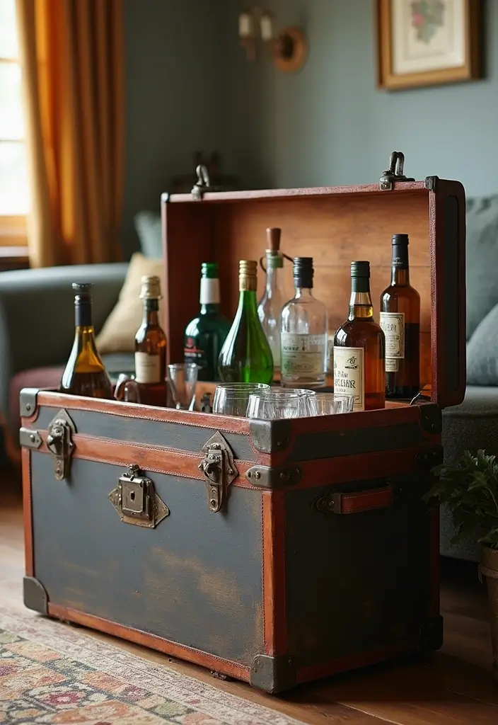 28 Mini Bar Ideas for Small Space Living Rooms That Feel Functional and Fun - 22. Use a Trunk