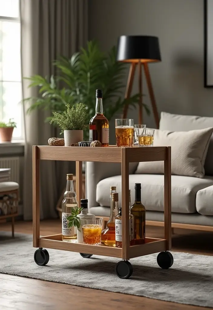 28 Mini Bar Ideas for Small Space Living Rooms That Feel Functional and Fun - 23. Compact Trolley