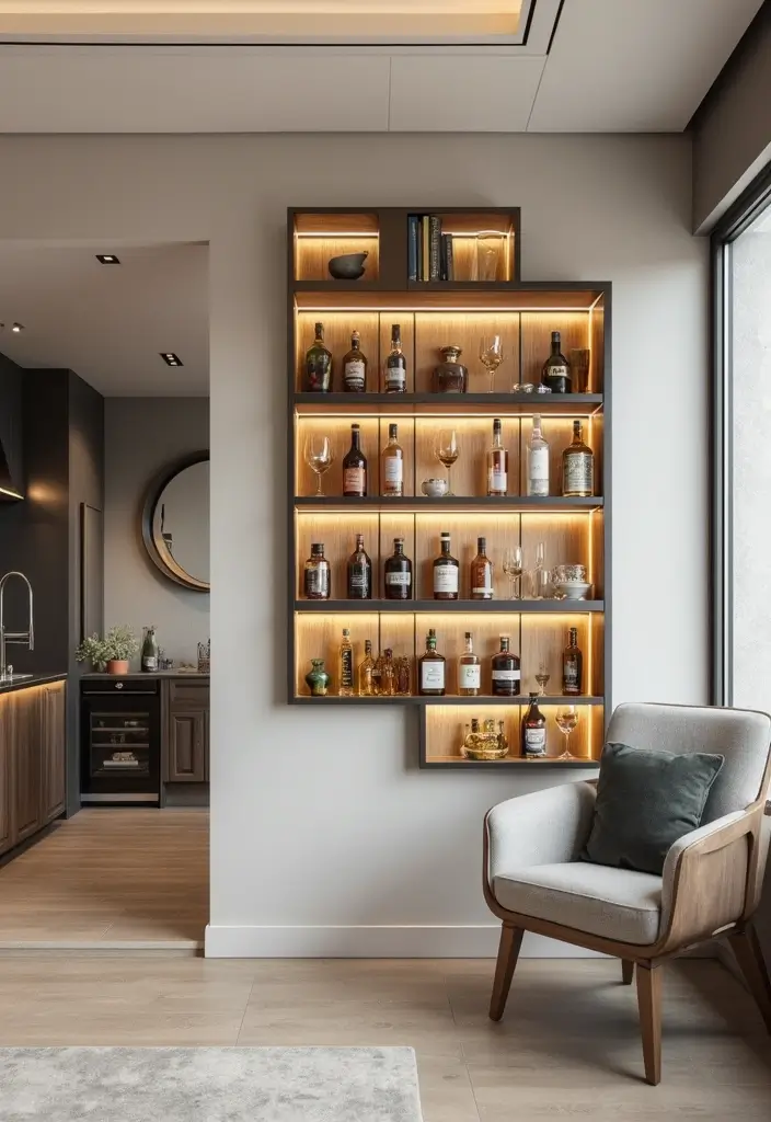 28 Mini Bar Ideas for Small Space Living Rooms That Feel Functional and Fun - 24. Wall Art Bar