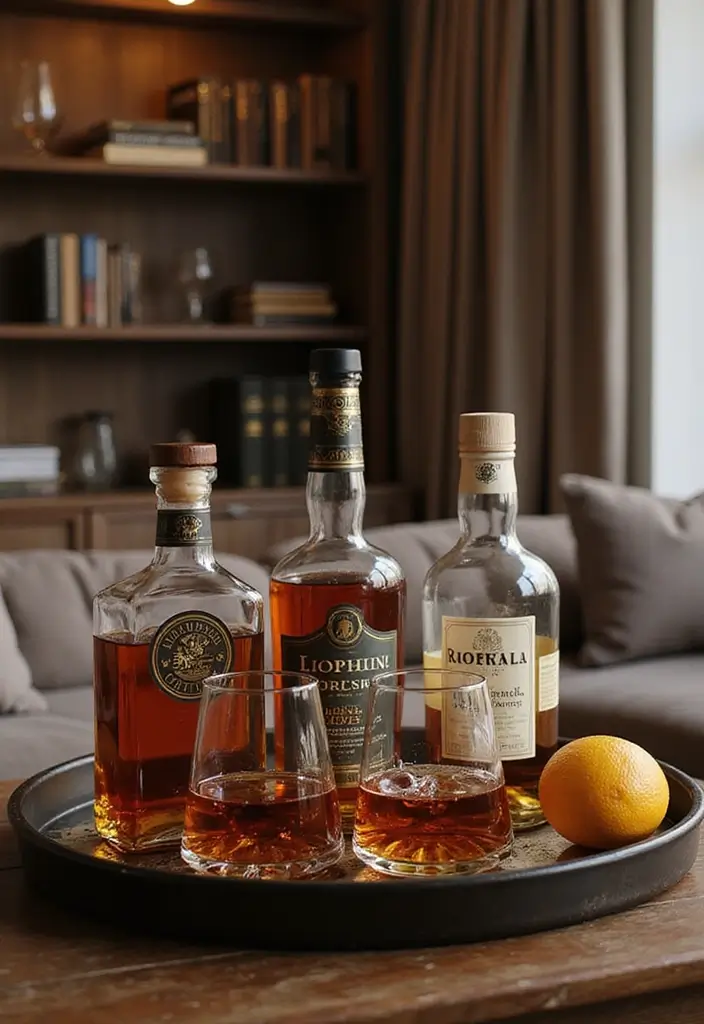 28 Mini Bar Ideas for Small Space Living Rooms That Feel Functional and Fun - 26. Creative Bottle Display